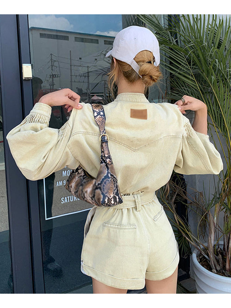 Casual Plain Loose Two Piece Set Women Stand Collar Long Sleeve Top