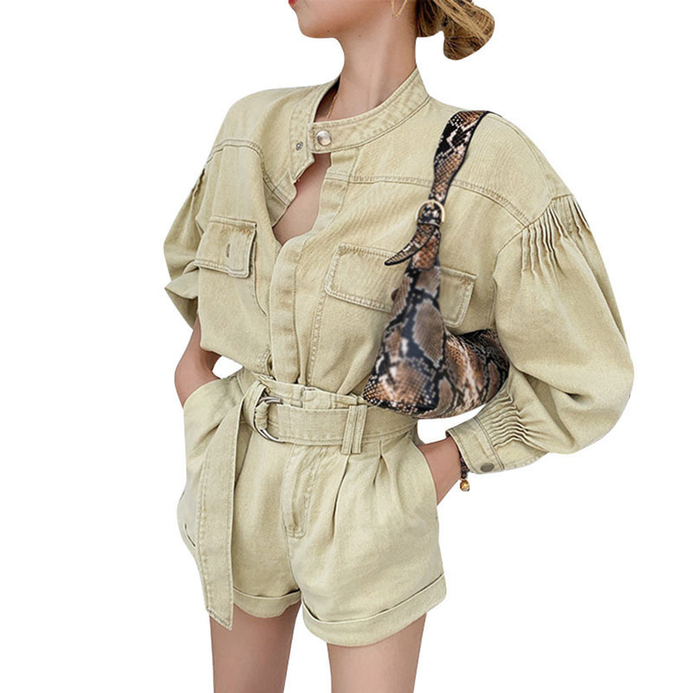 Casual Plain Loose Two Piece Set Women Stand Collar Long Sleeve Top