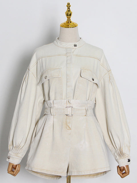 Casual Plain Loose Two Piece Set Women Stand Collar Long Sleeve Top