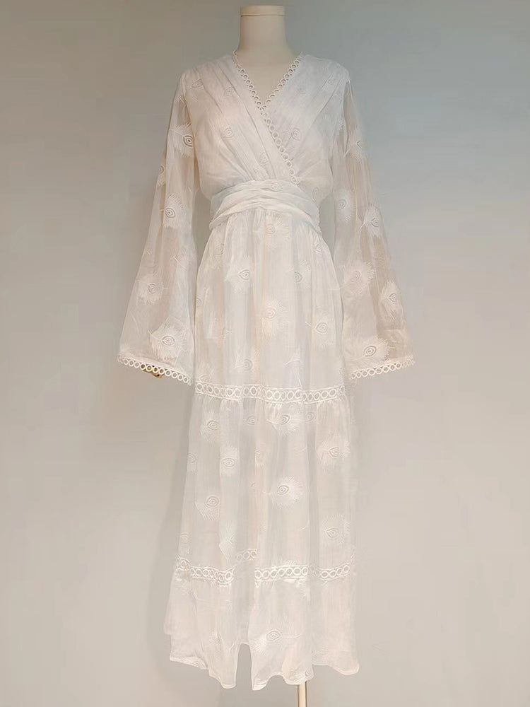 Vintage Casual Dress For Women V Neck Loose Long Sleeve