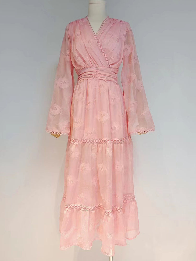 Vintage Casual Dress For Women V Neck Loose Long Sleeve