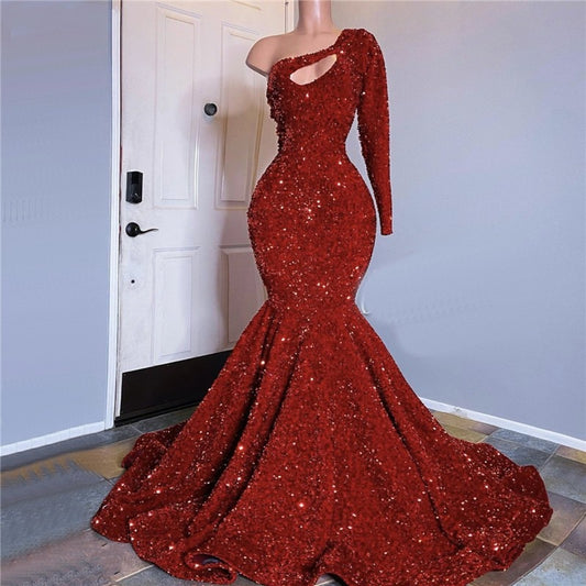 Long Prom Dress Sparkly Glitter Sequin Sexy Top One Shoulder