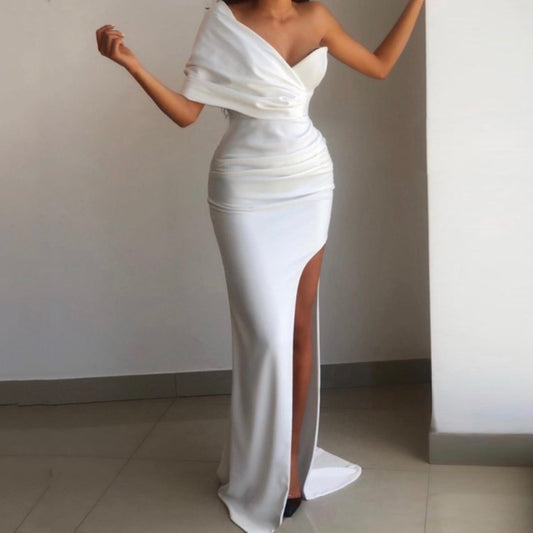 Women Stretch Satin One Shoulder Ruched Maxi Dress