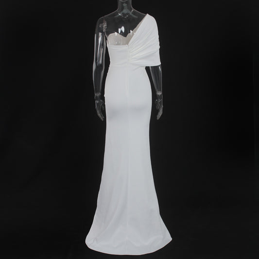 Women Stretch Satin One Shoulder Ruched Maxi Dress