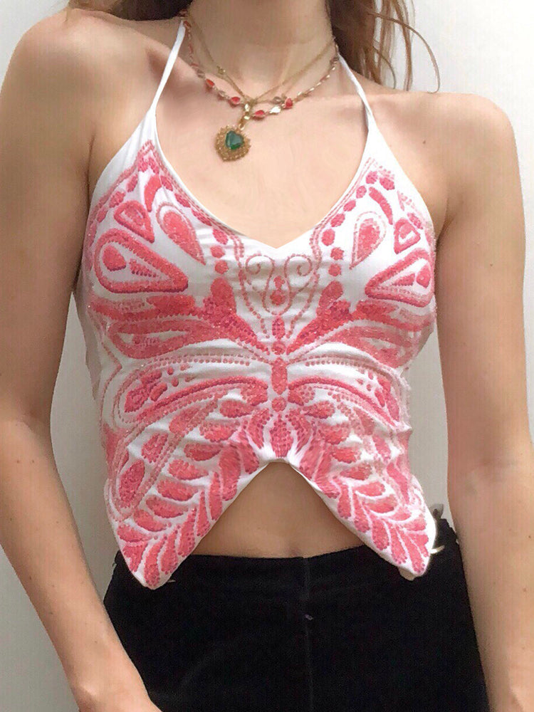 Butterfly Print Halter Camisole Corset Woman Backless Crop Top
