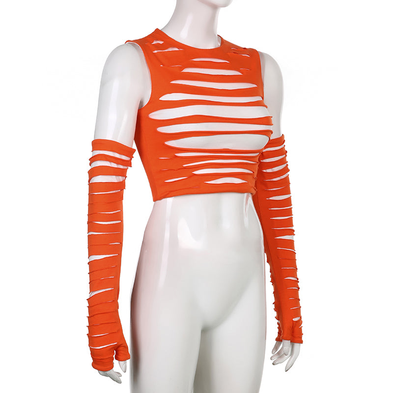 Cut Out Crop Top With Arm Gloves Streetwear Aesthetic Tank Tops