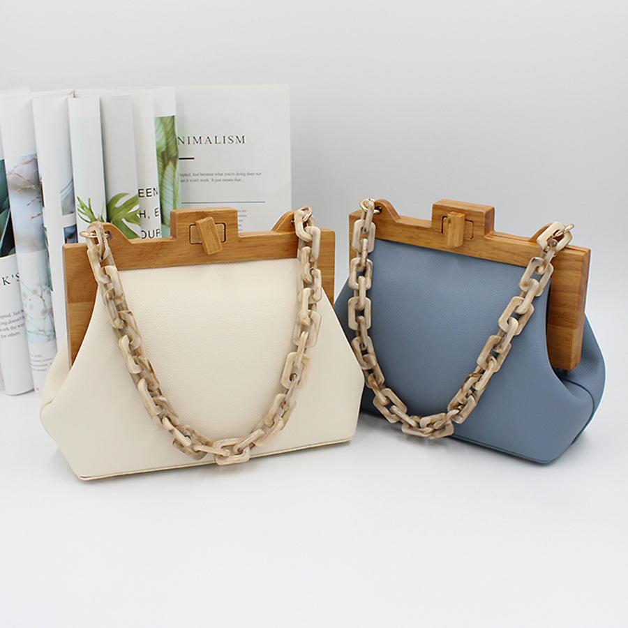 Women Box Bag Bucket Bag Wooden Clip Evening Bag Acrylic Chain