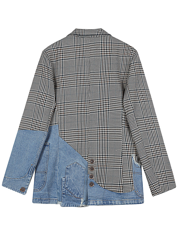 Casual Patchwork Plaid Blazer For Women Notched Collar Clothing Fashion