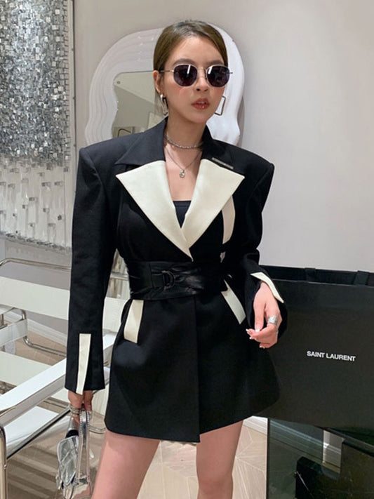 Fashion Patchwork Colorblock Blazer For Women Notched Collar