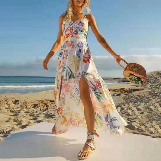 Women Chiffon Beach Print Maxi Dress
