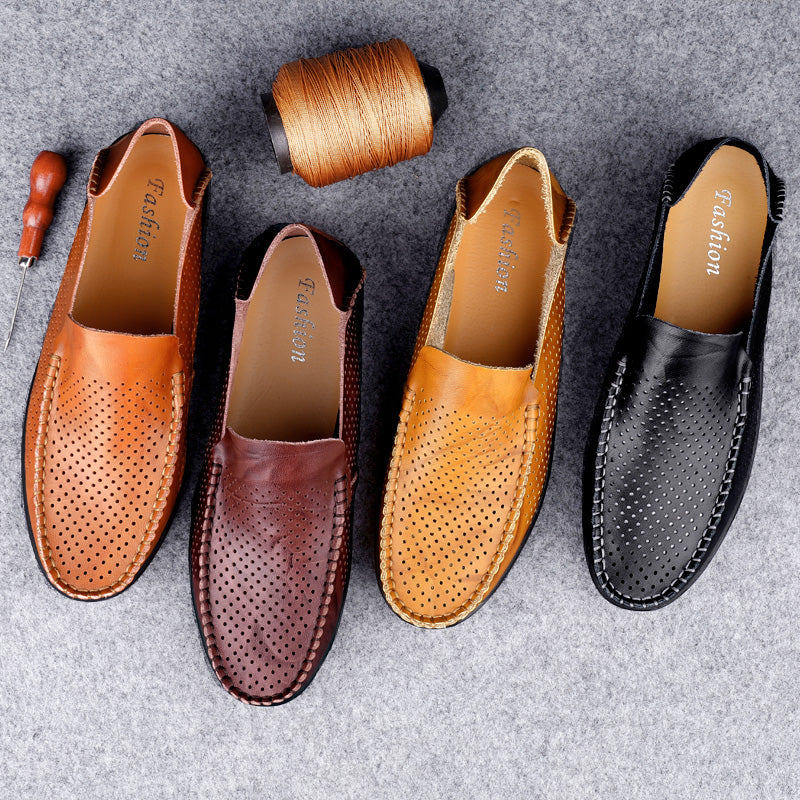 Summer Hollow Genuine Leather Shoes Men Comfortable Mesh Loafers
