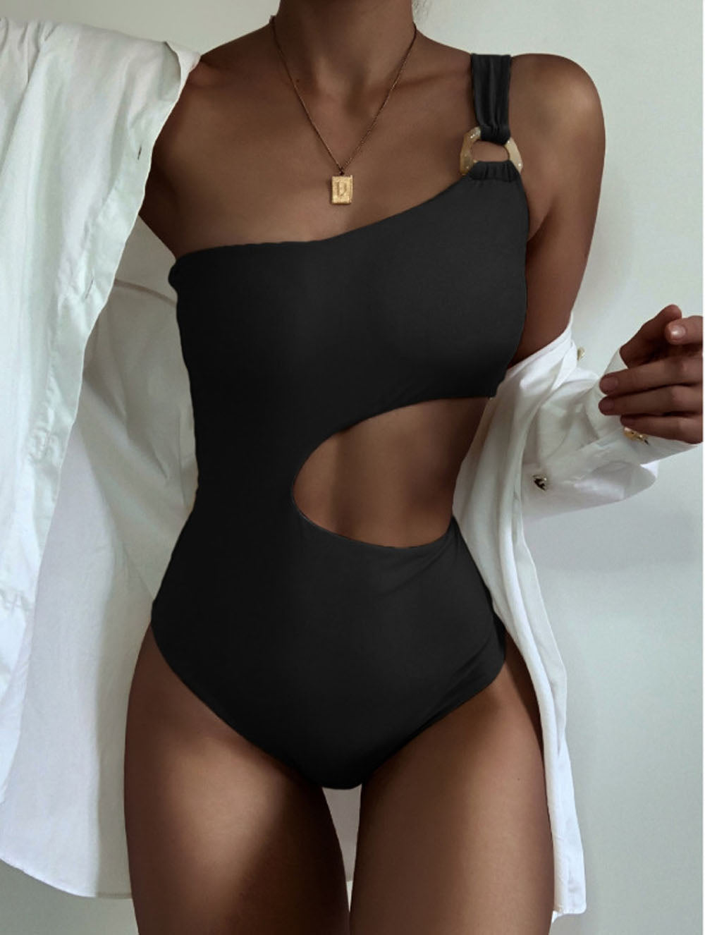 Hollow Out One Piece Swimsuit Padded Ring
