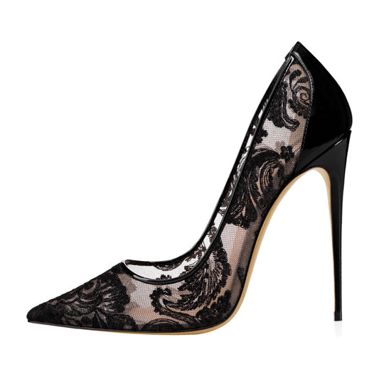 Elegant Floral Lace Shallow Black Mesh Pumps Woman Summer