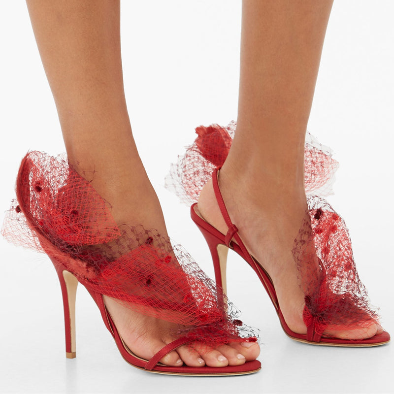 Wedding Female Crystal Buckle Red Mesh Slingback Sandals