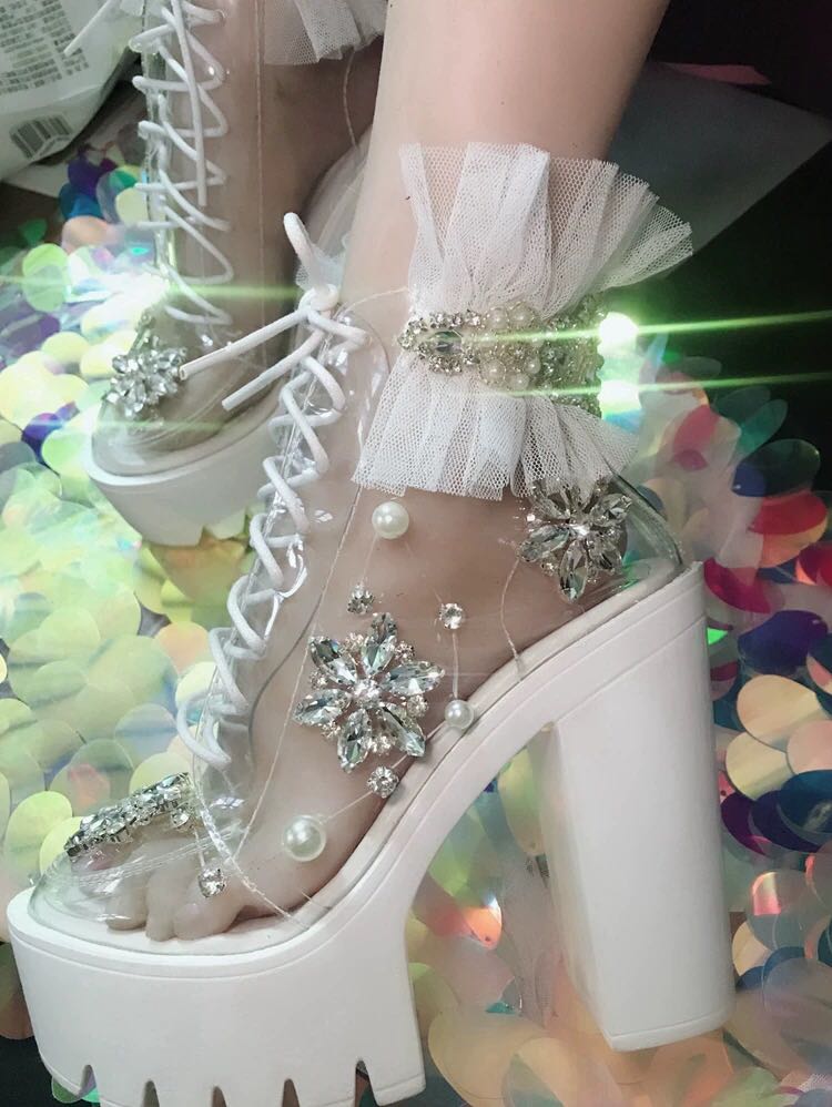 Transparent Rhinestone Pearl Lace Sandals Fashion Women Sweet