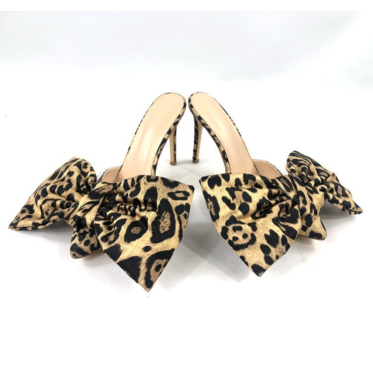 Summer Sexy Black Open Toe Big Bow Tie Leopard Slippers Fashion