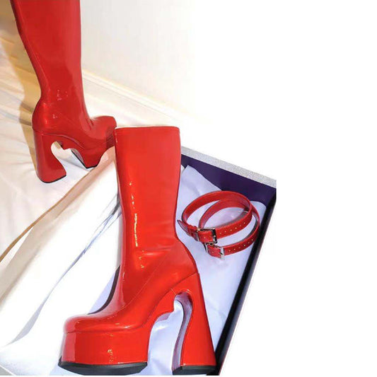 Women Zipper Round Toe Red Strange Style Heel Boots Platform