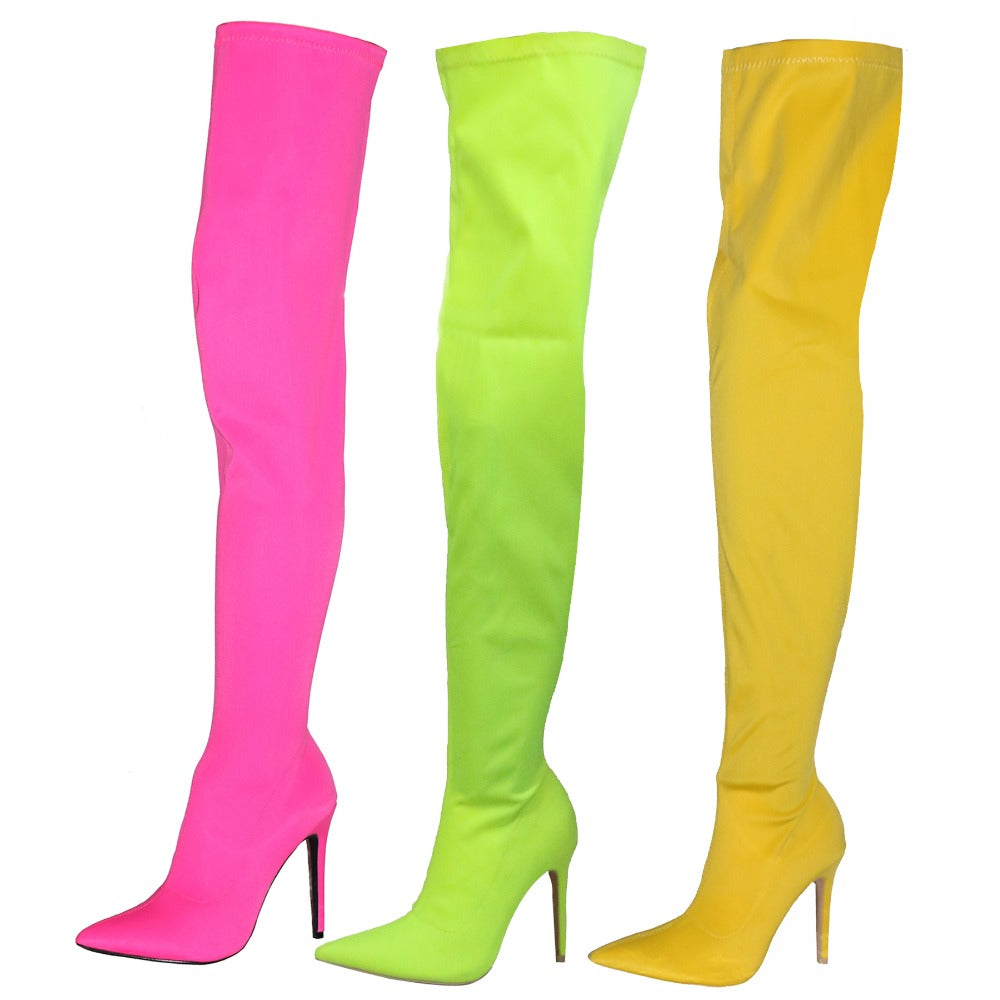 Women Over The Knee Boots Stretch Fabric Pointed Toe Thin High Heel