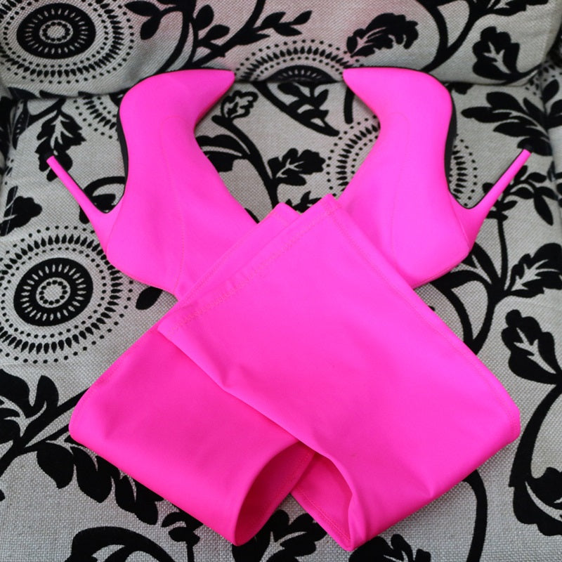 Women Over The Knee Boots Stretch Fabric Pointed Toe Thin High Heel