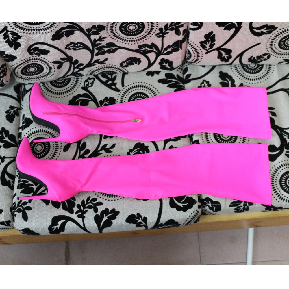 Women Over The Knee Boots Stretch Fabric Pointed Toe Thin High Heel