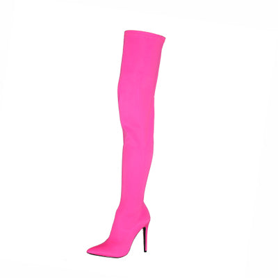 Women Over The Knee Boots Stretch Fabric Pointed Toe Thin High Heel