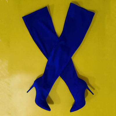 Women Over The Knee Boots Stretch Fabric Pointed Toe Thin High Heel