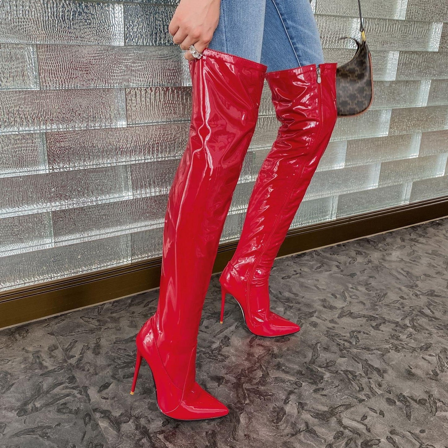 Spring Red Patent Leather Thigh High Boots Female Pointed Toe
