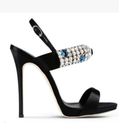 Gladiator Women Black Buckle Strap Silk Slingback Rhinestone Sandals