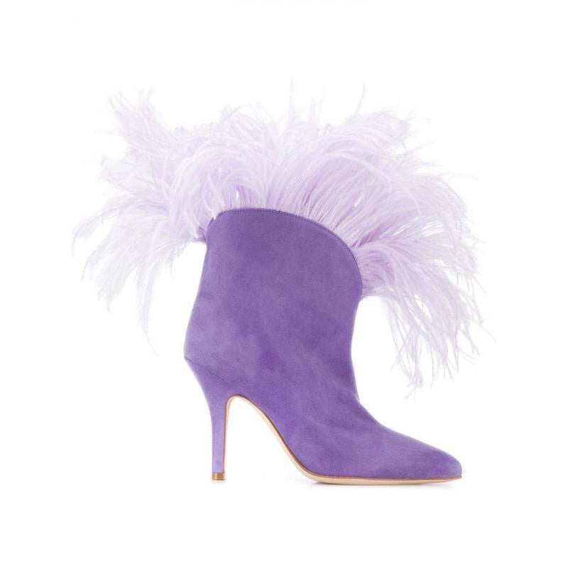 Vintage Ankle Shoes Women Fuchsia Suede Feather Pointed Toe Martin Boots
