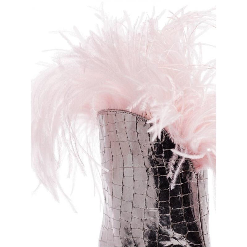 Vintage Ankle Shoes Women Fuchsia Suede Feather Pointed Toe Martin Boots