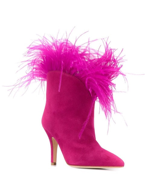 Vintage Ankle Shoes Women Fuchsia Suede Feather Pointed Toe Martin Boots