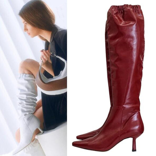 Women Fashion Knee-high Boots Leather Elastic Band Stiletto