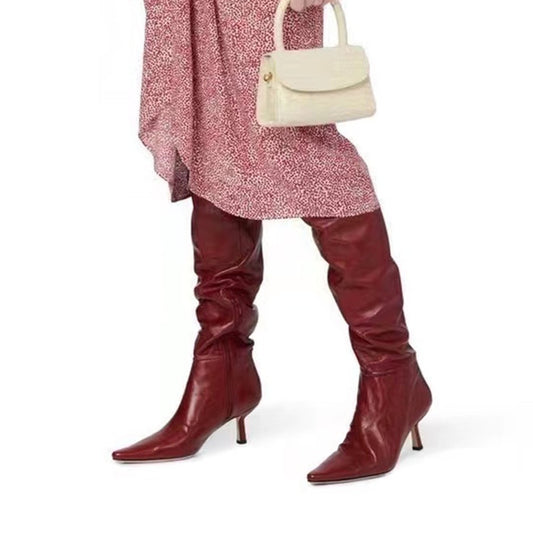 Women Fashion Knee-high Boots Leather Elastic Band Stiletto