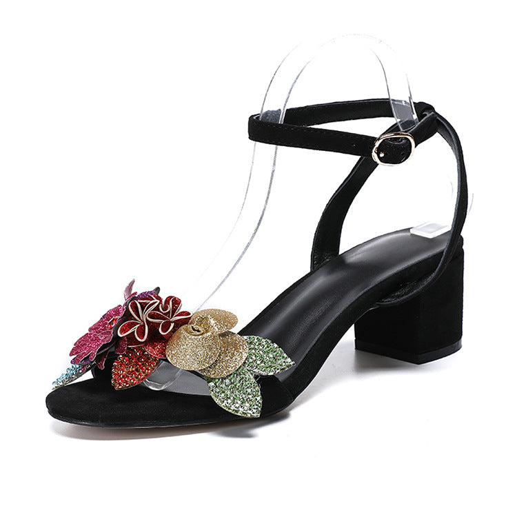 Luxury Women Slingback Peep Toe Floral Sandals Chunky Heels