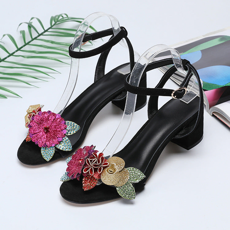 高級レディース スリングバック ピープトゥ フローラルサンダル チャンキーヒール