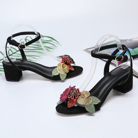 Luxury Women Slingback Peep Toe Floral Sandals Chunky Heels