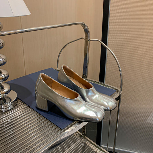 Sexy Chunky Heels Silver Female Square Toe Real Leather Pumps