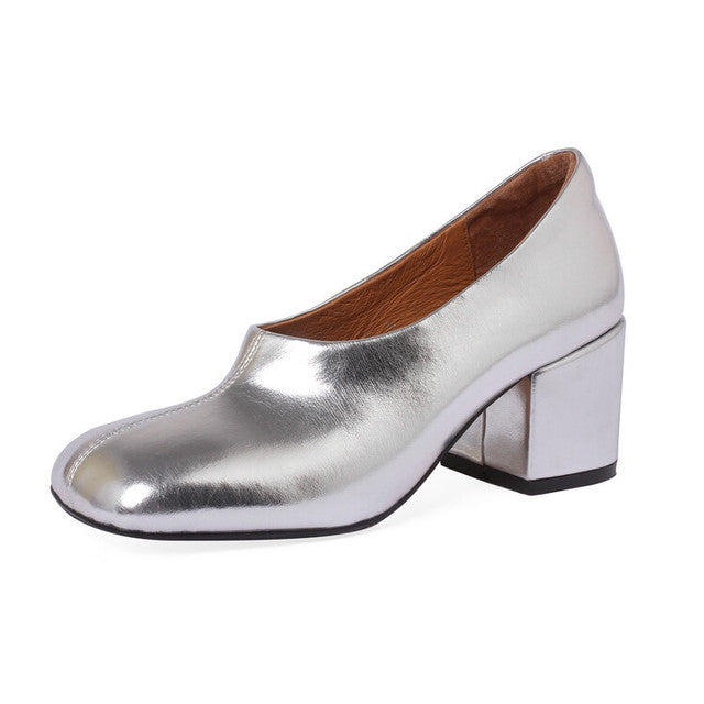 Sexy Chunky Heels Silver Female Square Toe Real Leather Pumps