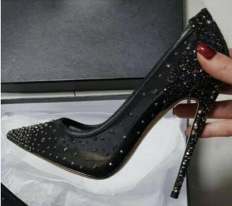 Wedding Black Mesh Rhinestone Pumps Spring Women Hollow Pumps