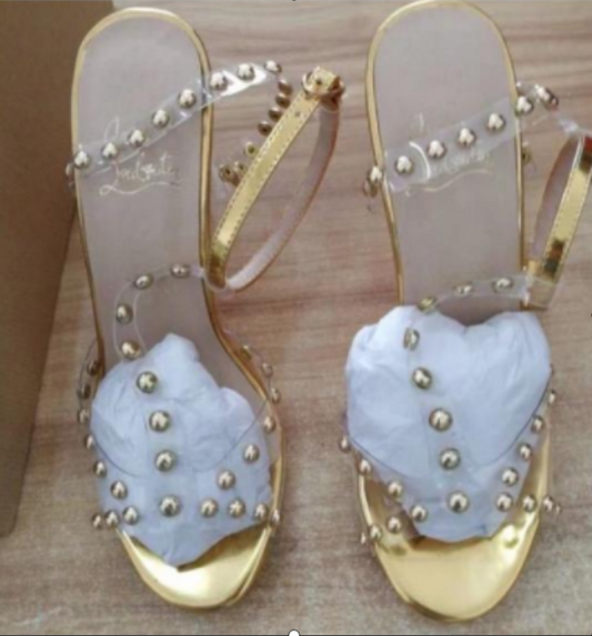 2022年夏ゴールドシューズセクシーなスティレットヒール本革サンダル