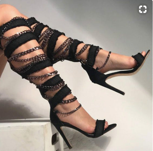 Women Sexy Knee High Hollow Out Denim Metal Chain Stiletto Heel Boots