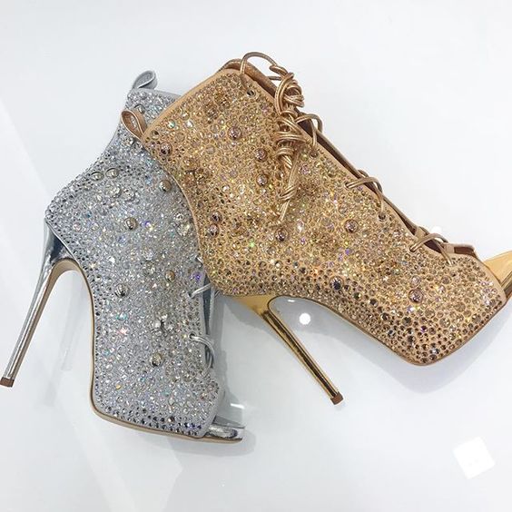 Crystal Embellished Lace-up High Heel Boots Sexy Peep Toe Thin Heels