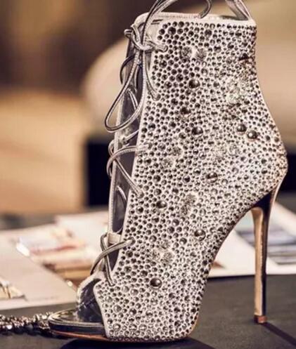 Crystal Embellished Lace-up High Heel Boots Sexy Peep Toe Thin Heels