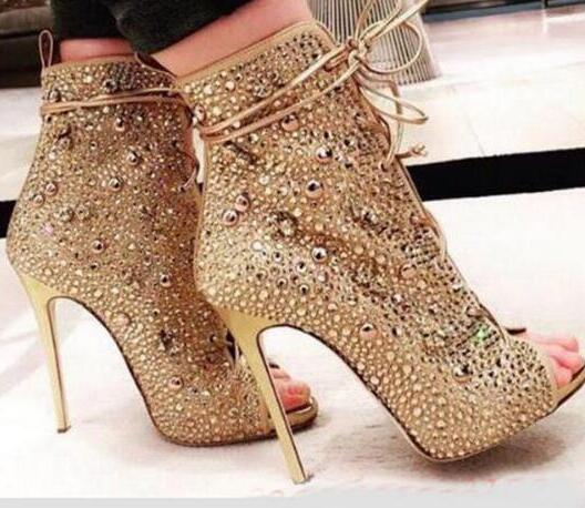 Crystal Embellished Lace-up High Heel Boots Sexy Peep Toe Thin Heels