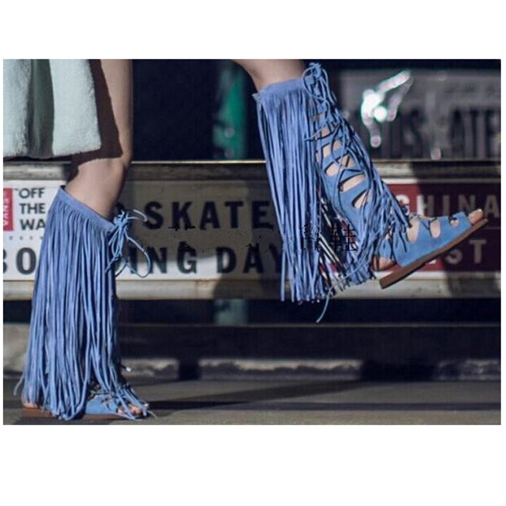 Blue Suede Leather Long Tassels Flat Boots Ladies Sandal Boots