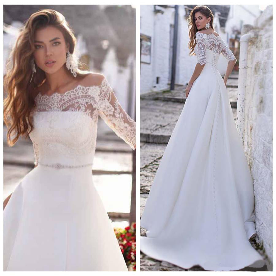 Off Shoulder Romantic Lace Wedding Dresses with Half Sleeves
