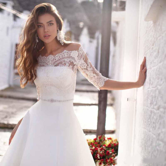 Off Shoulder Romantic Lace Wedding Dresses with Half Sleeves
