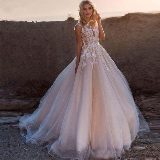 Sheer Neck A Line Beach Wedding Dress Appliqued Blush Pink Charming