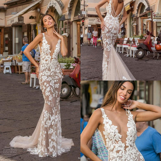 Sexy Backless Mermaid Wedding Dresses Beading Lace Applique