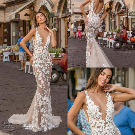 Sexy Backless Mermaid Wedding Dresses Beading Lace Applique